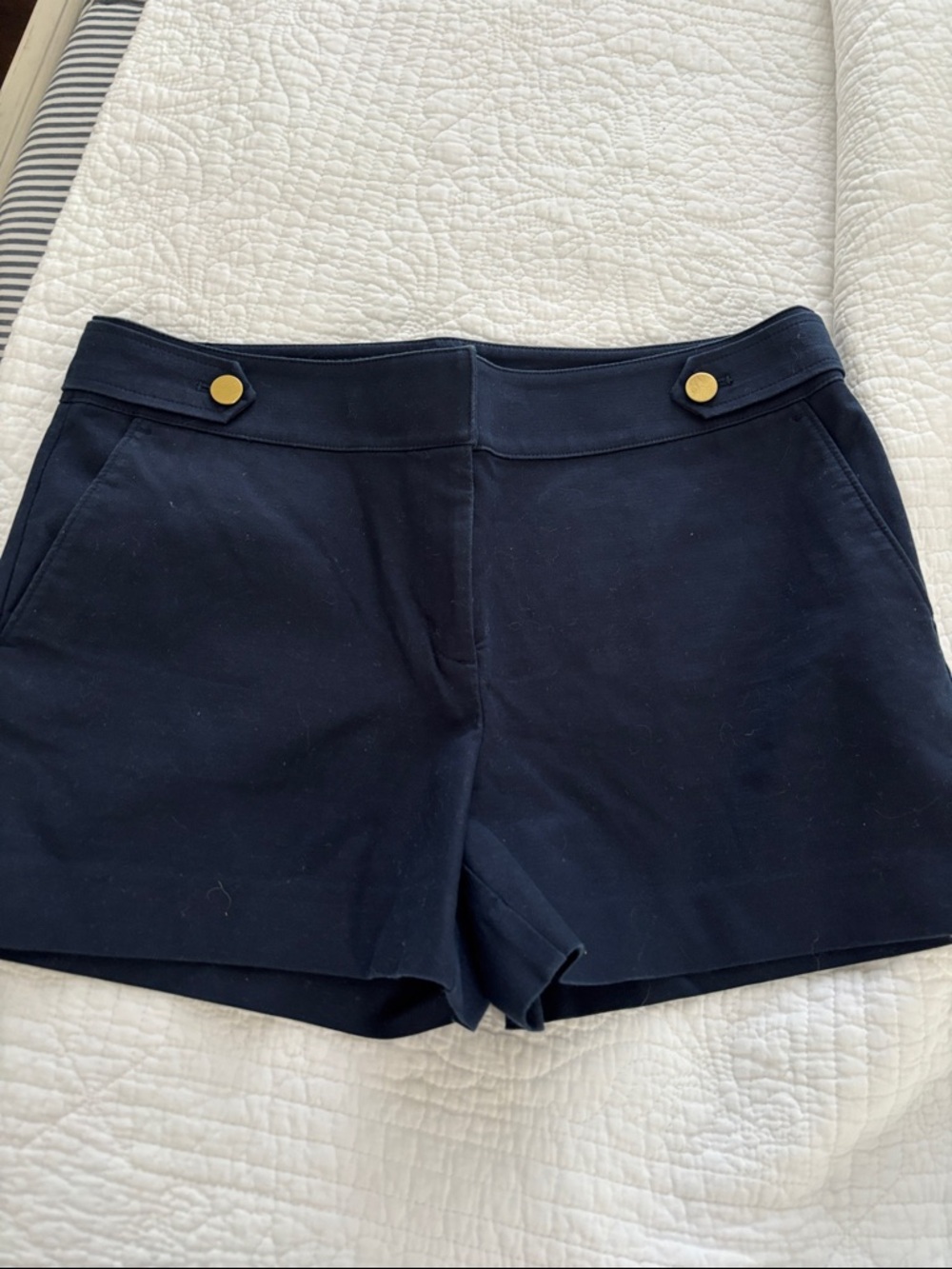 LOFT Navy High-Waist Shorts with Gold Accent Buttons